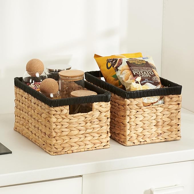 Wicker Storage Basket 2 Pack, Water Hyacinth Storage Baskets with Built-in Handles, Large Wicker Baskets for Storage & Organizing, Natural with Black
