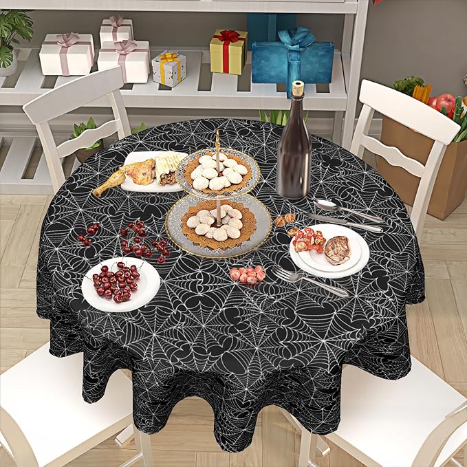 Halloween Tablecloth Round 60 Inch Halloween Black Spider Web Table Cloth Halloween Haunted House Table Decorations Halloween Holiady Decorative Table Cover for Kitchen Dining Room Holiday Party