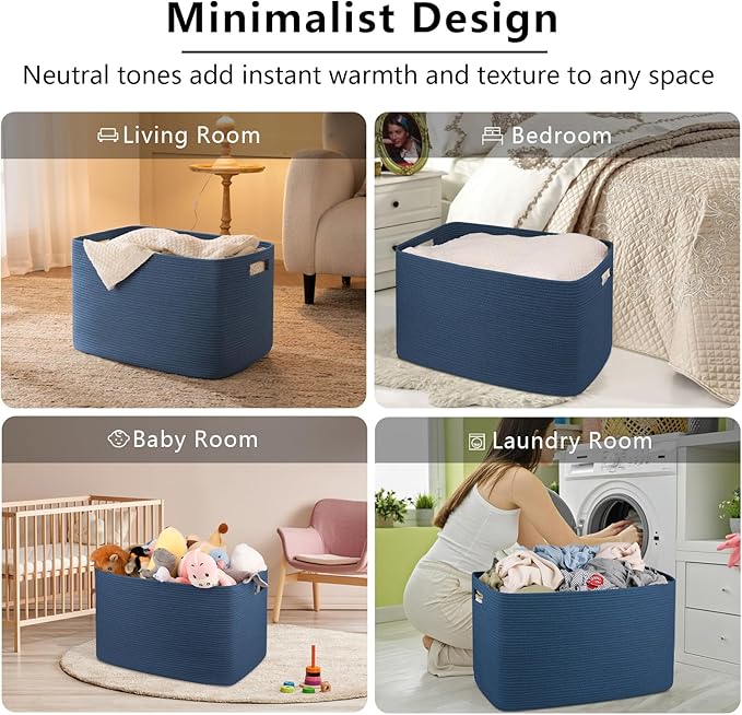 OIAHOMY 118L XXXLarge Cotton Rope Storage Basket, Oversized Blanket Basket, Used for Organizing Dirty Clothes in Living Room, Bedroom, Nursery, Dog Toy Storage Bins, 25" x 17" x 16",Blue