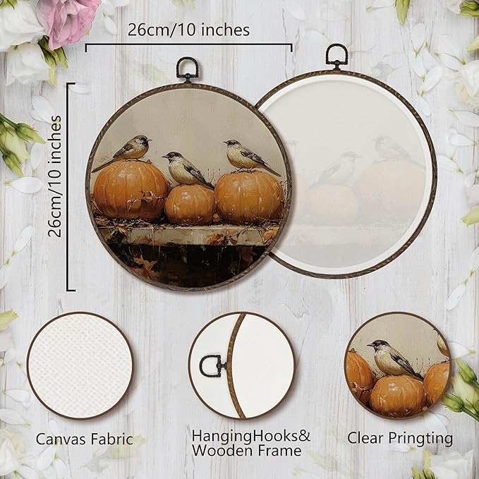 XNXLDYLH Vintage Fall Pumpkin Bird Round Framed Wall Art Decor, Cottagecore Harvest Antique Hanging Wall Decor Decorations, Rustic Fall Autumn Canvas Prints Wall Art Paintings for Living Room, 10x10In