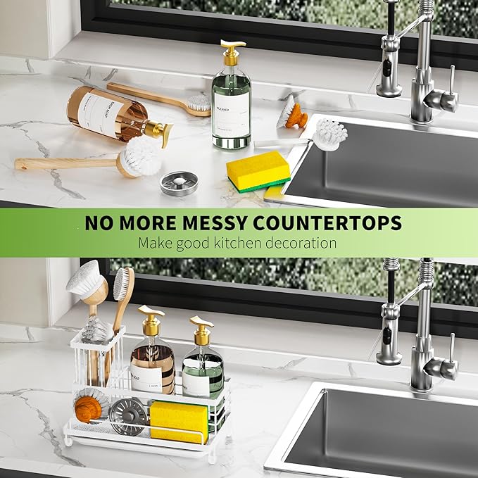 Cisily Kitchen Sink Caddy Organizer, Sponge Holder, Detergent Brush Holder, Plug Storage, White, Stainless Steel, Adjustable, 3 Compartments, 9.56" x 5.15" x 5.15"