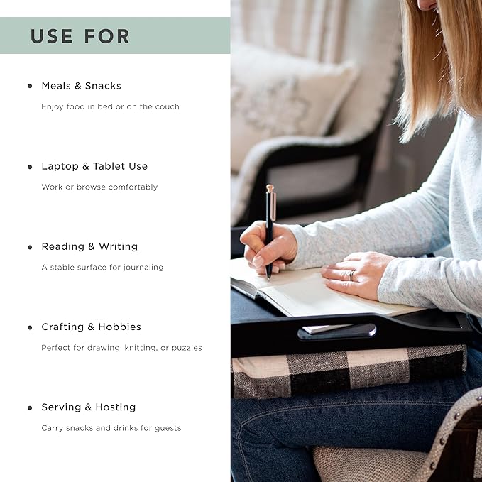 ROSSIE HOME Wood Bed Tray Lap Desk - Set of Two - with Hyacinth Storage Basket - Buffalo Check - Fits up to 15.6 Inch Laptops - Style No. 70108