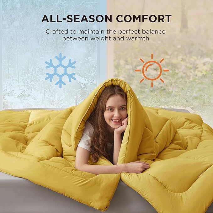 Bedsure Comforter Duvet Insert - Quilted Comforters Queen Size, All Season Duvet, GentleSoft Down Alternative Bedding, with 8 Tabs, Gifts for Women/Men, Mustard Yellow, Queen 88 x 88 Inches