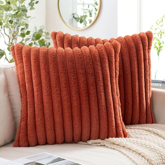 MIULEE Fall Faux Fur Decorative Throw Pillow Covers 20x20 Inch Set of 2, Retro Vintage Boho Home Decor Soft Plush Couch Pillows Cozy Fluffy Cushion Covers for Sofa Bed Rust