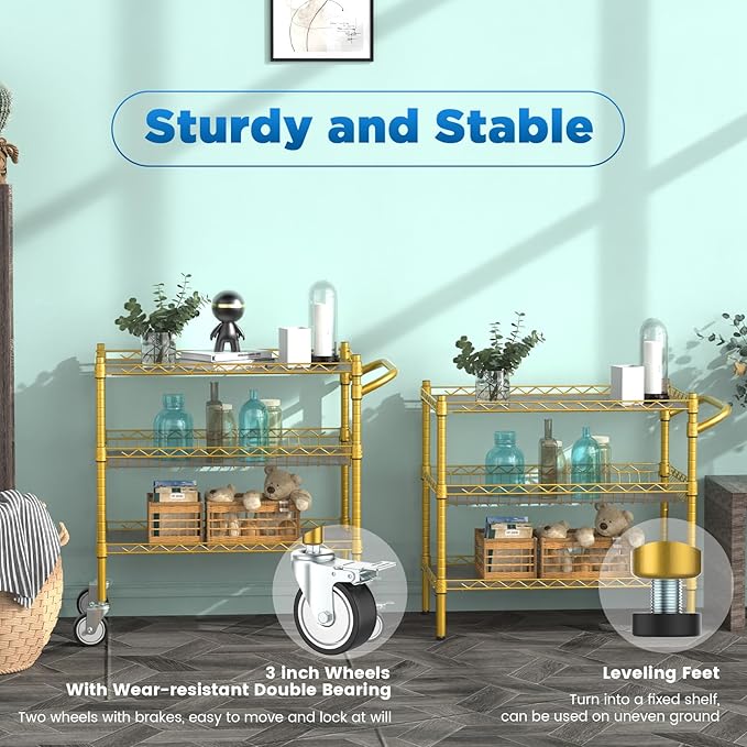 Leteuke 3 Tier Rolling Carts with Wheels,Heavy Duty Utility Bar Cart,NSF Commercial Grade Metal Cart with Handle&Shelf Liner,Trolley Serving Cart for Kitchen,Restaurant,Plant Display,Gold