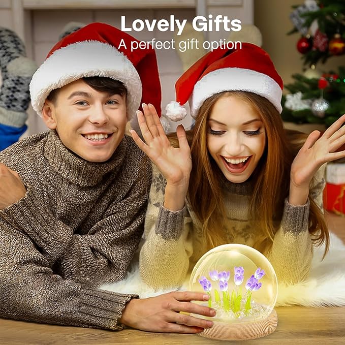 ONXE Birthday Flower Gifts for Mom,Tulips Night Light Small Glass Flower Lamp with Wooden Base for Home Decor Romantic Unique Christmas Gift for Women Girlfriend Sister Grandma Wife Her