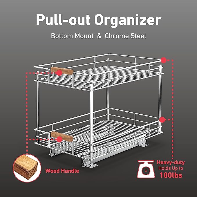Pull Out Cabinet Organizer(14" W x 21" D), 2 Tier Slide Out Shelves with Wood Handle, Sliding Drawer Pull Storage Shelf for 15-1/4” Cabinet Opening, Chrome
