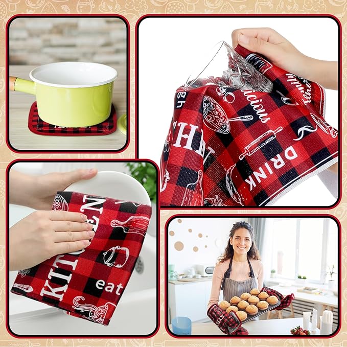 10 Pcs Farmhouse Kitchen Set, Kitchen Towels and Dishcloths Rugs Mats for Floor Oven Mitts and Pot Holders Sets Rustic Hand Towels for Home Decorations Gifts (Red and Black,Retro)