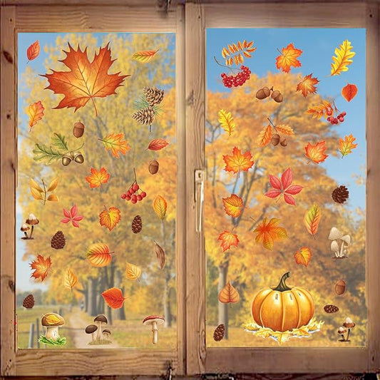 Fall Window Clings for Glass Windows, 71pcs Autumn Window Clings Maple Leaf Pumpkin Window Sticker Thanksgiving Decor, 7 Sheets Fall Decorations for Classroom Office Home Indoor Clearance Party