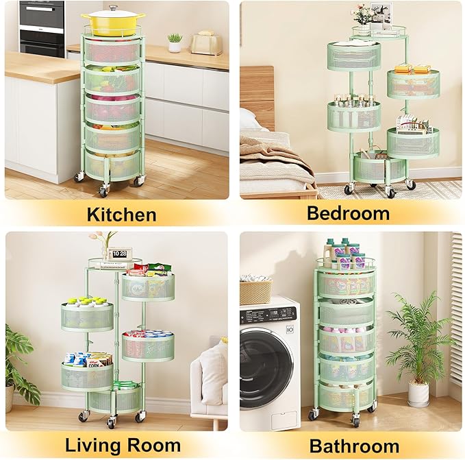 SNTD Fruit and Vegetable Basket Bowls for Kitchen with Metal Top Lid, 5 Tier Rotating Storage Rack Cart for Potato Onion Bread Banana, Wire Basket Organizer on Wheels, Large (Green)