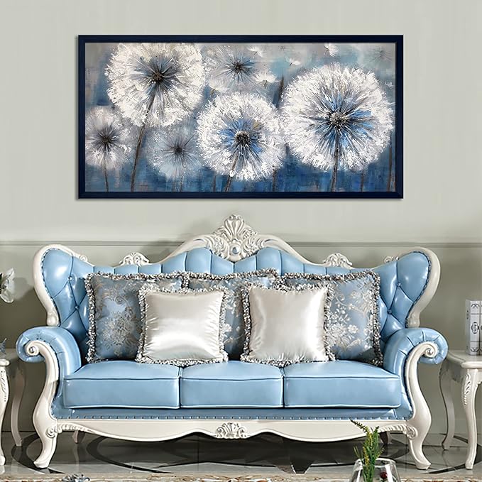 Dandelion Wall Art Blue Large Picture for Living Room Canvas Art Wall Decor Above Bed White Flower Artwork for Walls Paintings Modern Art Aall Decor Framed Wall Art for Bedroom 29×58IN