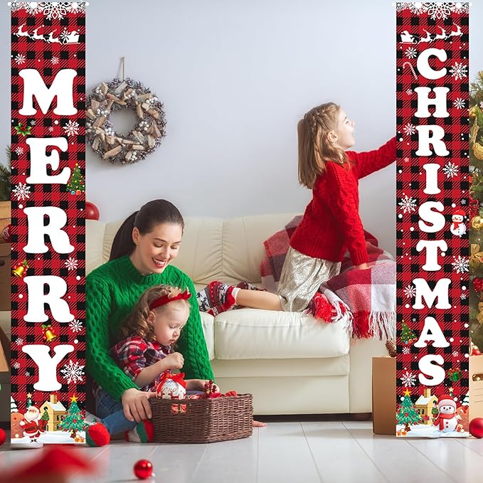 Christmas Decorations Red Black Buffalo Plaid Banner Xmas Porch Door Sign Welcome Banner for Wall Home Party Decor Merry Christmas Decorations Indoor Outdoor