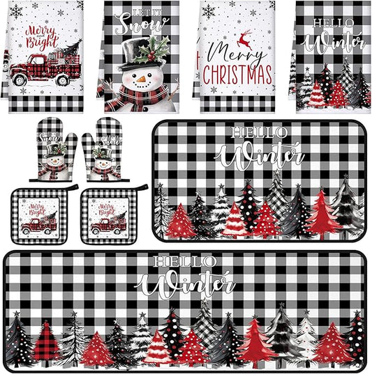 10 Pcs Christmas Kitchen Decor Sets, 4 Xmas Kitchen Dish Towels 2 Pot Holders 2 Oven Mitts Glove Buffalo Plaid Non Slip Rugs and Mats for Floor Home Christmas Decorations Accessories Gifts