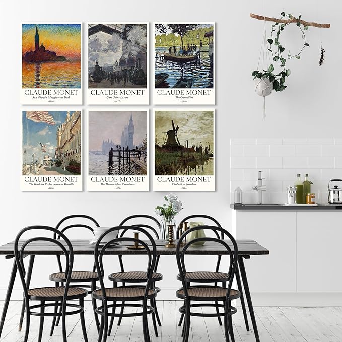 COSCTOR Set of 6 Claude Monet Wall Art Decor Canvas Vintage Famous Artist Retro Landscape Colorful Posters and Prints for Living Room Bathroom Bedroom Hallway Kitchen (Framed, 12x16)