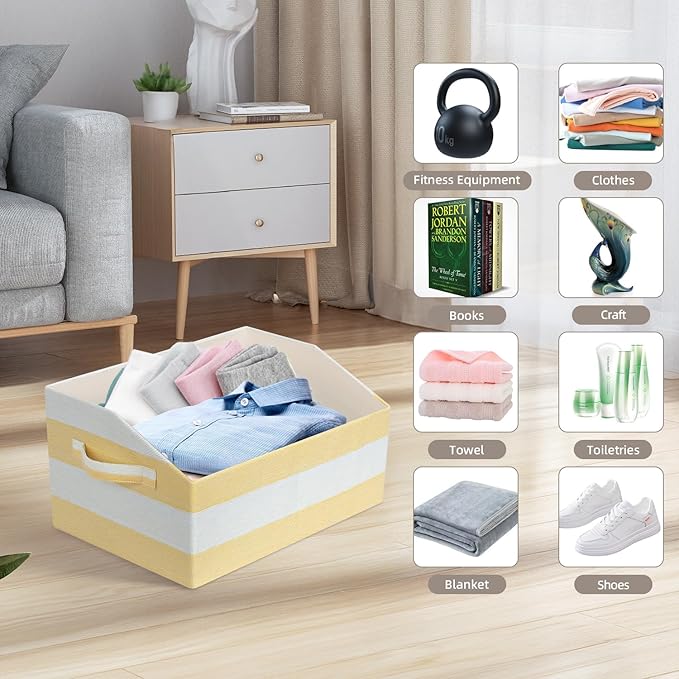 Linen Closet Organizers and Storage, Trapezoid Fabric Bins, Home Office Organization Baskets Striped Collapsible Box with Handles for Clothes, Blanket, Books, DVD, 4 Pack, Yellow/White