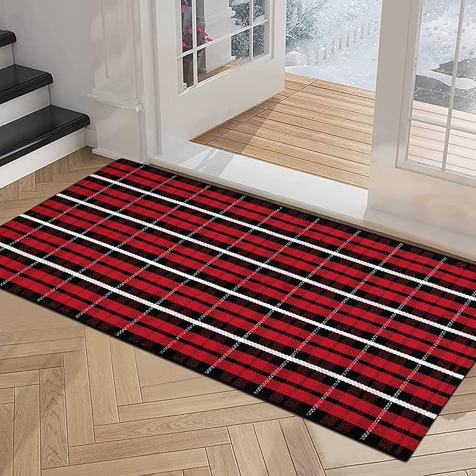 Christmas Front Door Mat Outdoor 2'X4.3', Red Buffalo Plaid Porch Rug Machine Washable Kitchen Rug Entryway Carpet Layered Door Mats Indoor/Outdoor Cotton Area Rug Runner for Bedroom