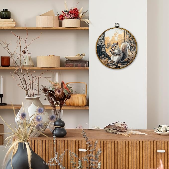 Mcehtle Vintage Fall Squirrel Wall Art Decor, Rustic Autumn Nature Forest Squirrel Framed Canvas Prints 10x10, Fall Wild Animal Farmhouse Round Wall Hanging Artwork Decorations for Home Bedroom