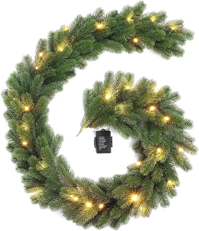 9ft Pre-Lit Christmas Garland, Artificial Lighted Norfolk Pine Garland with Multi-Color Lights, Battery Operated Garland for Mantle Stairs Table Fireplace Xmas Decorations