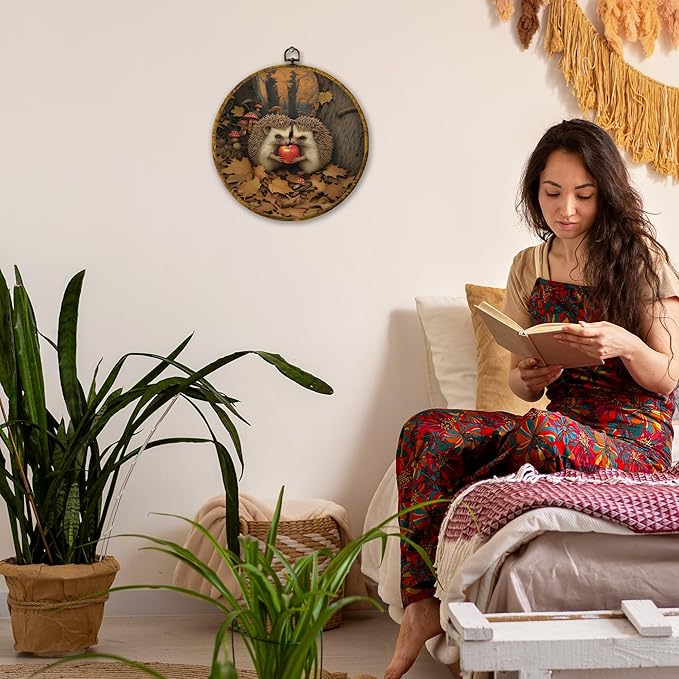 Mcehtle Vintage Fall Hedgehog Wall Art Decor,Rustic Autumn Cottagecore Forest Framed Canvas Prints 10x10, Animal Wildlife Maple Leaves Round Wall Hanging Artwork Decorations for Home Bedroom Gallery