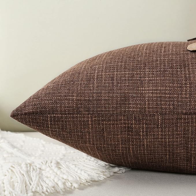 HAUSSY Brown Linen Decorative Throw Pillow Covers 24x24 Inch Set of 2, Square Euro Cushion Case with 3 Vintage Buttons,Modern Farmhouse Home Decor for Couch,Bed