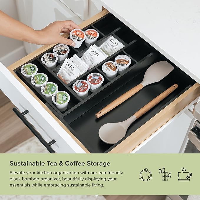 Tea Bag and Coffee Pod Kitchen Drawer Organizer, Expandable 9.7 to 17 Inches, 10 Storage Compartments, Adjustable Wall Inserts, Non-Slip Feet, Food-Safe Black Finish, 100% Bamboo Wood