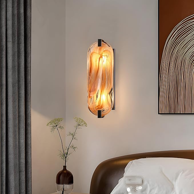 2 Pack 2 Light 15.7" Alabaster Marble Bathroom Wall Sconce Modern Concise Style Wall Light Fixture,Black Finish for Bedroom Hallway Bedside