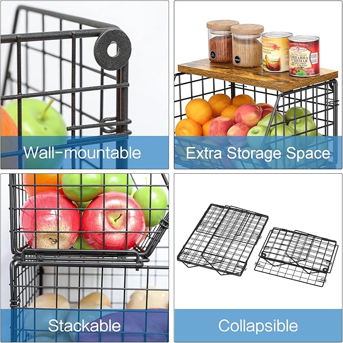 X-cosrack 2-Tier Stackable Wire Baskets with Wood Lids, Fruit Basket for Kitchen Counter, Wall-mounted Baskets for Potato and Onion Storage, Metal Baskets for Snack Produce Cans