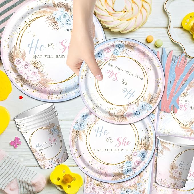 Boho Baby Shower Decorations - 142Pcs Gender Reveal Plates,Napkins,Tablecloth He or She What Will Baby Be Party Tableware for Boy or Girl Gender Reveal,Neutral Baby Shower Party Supplies