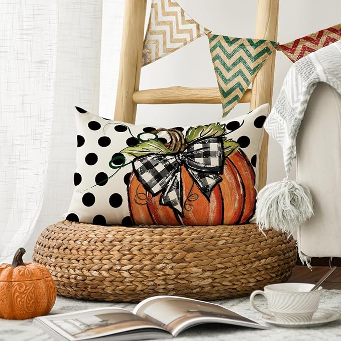 AVOIN colorlife Fall Polka Dot Pumpkin Throw Pillow Cover 12x20 Inch, Seasonal Autumn Thanksgiving Harvest Decoration for Home Sofa Couch