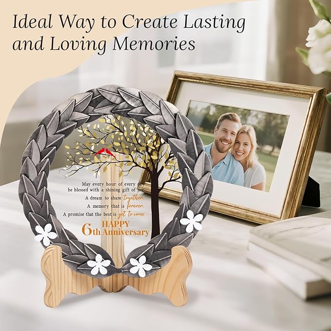 6th Anniversary Wedding Gifts Crystal Plate with Iron Leaf Wreath – 6 Years Iron Ideas for Couple or Parents – Cardinal Style