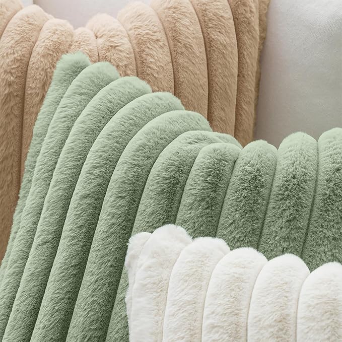 MIULEE Faux Fur Decorative Throw Pillow Covers 20x20 Inch Set of 2, Modern Spring Home Decor Soft Plush Couch Pillows Cozy Fluffy Cushion Covers for Sofa Bed Sage Green