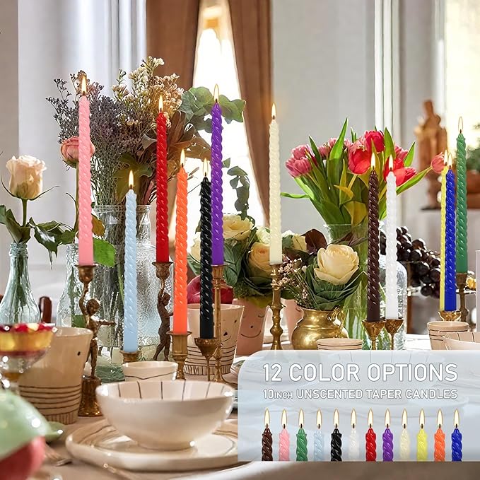 12-Pack 12-Color Spiral Taper Candles - 10 Inch Dripless & Long-Lasting Burn, Decorative Twisted Candles for Wedding, Birthday, Christmas, Home Decor, Party Supplies (Premium Wax, Unscented)