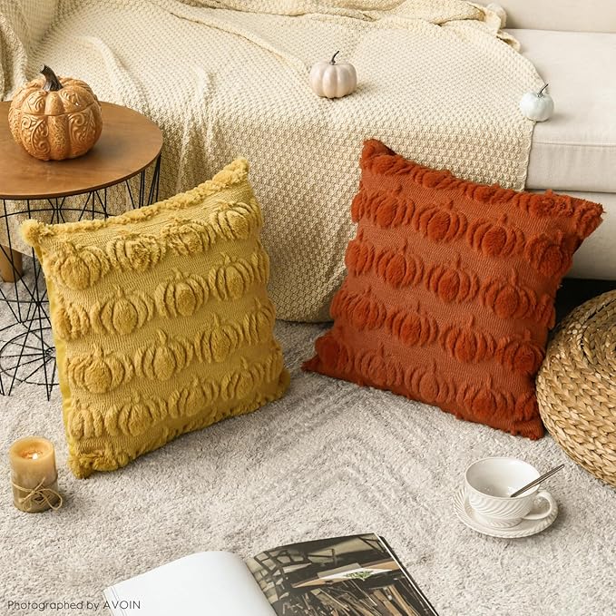 AVOIN colorlife Fall Pumpkin Caramel Ginger Throw Pillow Covers, 18 x 18 Inch Seasonal Autumn Thanksgiving Harvest Soft Plush Faux Fur Jacquard Cushion Case Decoration for Sofa Set of 4