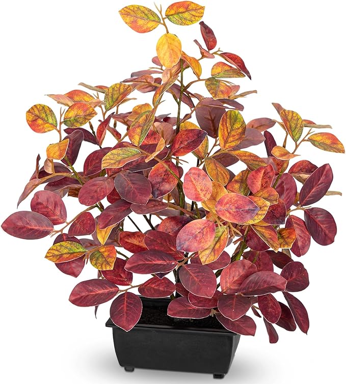 Briful 15.7" Fake Fall Bonsai Plant in Black Pot, Artificial Autumn Eucalyptus Plant with Red Orange Leaves Faux Plant Indoor for Home Office Room Shelf Table Centerpiece Thanksgiving Decor