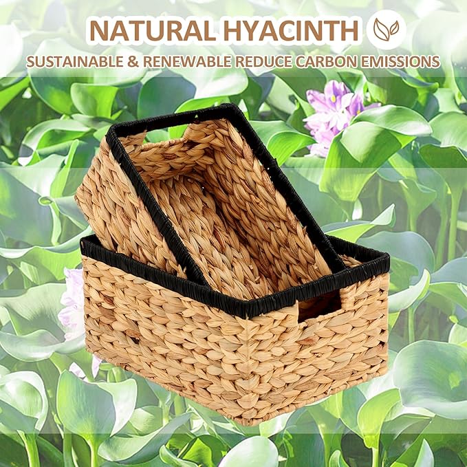 Wicker Baskets for Storage 2 Pack, Water Hyacinth Storage Baskets with Built-in Handles, Large Wicker Storage Baskets for Shelves & Organizing, Natural with Black, Size L & M
