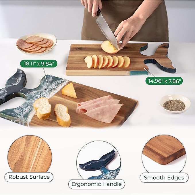 Acacia Wood Cutting Board with Ocean Resin Art, 14.9โx7.9โ, Includes Stand & Loofah, Handcrafted Charcuterie Cheese Board & Serving Platter, Great for Dรฉcor, Housewarming, Weddings (Whale Tail)