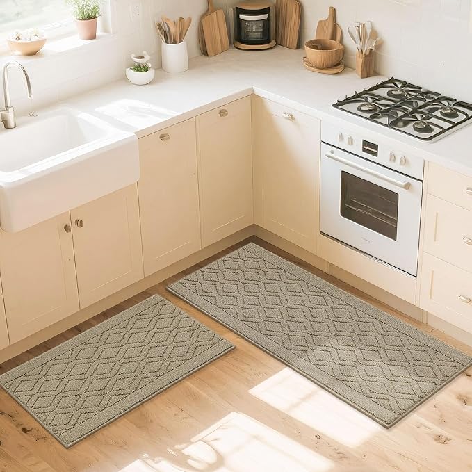 COSY HOMEER 48x20 Inch/30X20 Inch Kitchen Rug Mats Made of 100% Polypropylene 2 Pieces Soft Kitchen Mat Specialized in Anti Slippery and Machine Washable for Home Kitchen,Beige