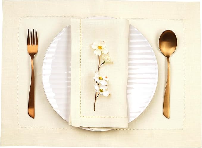 D'Moksha Homes Cream Linen Cloth Placemats Set of 4-100% Pure Linen Hemstitch Placemats 14 x 19 Inch - Classic Hemstitch Table Place Mats for Fall, Halloween - Handcrafted and Machine Washable
