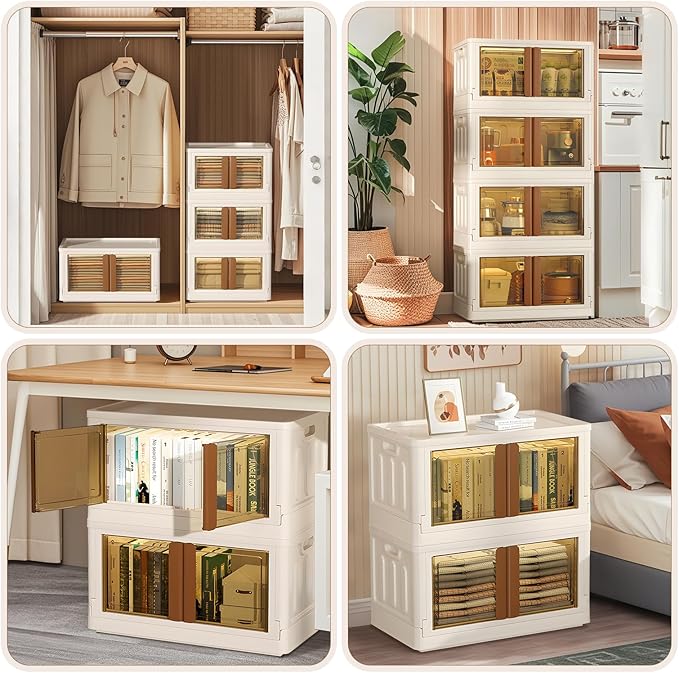 GCCSJ 76Qt Stackable Plastic Storage Boxes with Lids, Foldable Closet Organizers and Storage Containers with Wheels, Collapsible Storage Bins for Home Organization, 3 Pack White