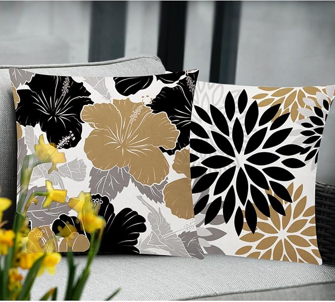 COMMINY Brown Black Pillow Covers 18x18 Set of 6, Daisy Flower Throw Pillow Cover Case Rustic Square Cushion Cover for Sofa Bedroom Living Room Farmhouse Home Decor