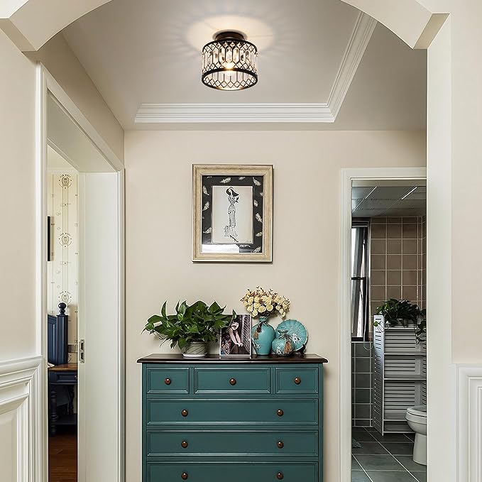 Crystal Ceiling Light Fixture, Modern Semi Flush Mount Ceiling Light,Crystal Chandelier for Kitchen Bedroom Bathroom Entryway Black (Bulb not Included)