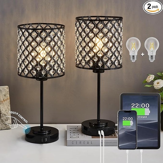 Touch Control Crystal Table Lamp Set of 2, Black Bedside Nightstand Lamps with USB-C+A Charging Ports 3-Way Dimmable Crystal Decorative Desk Lamp for Bedroom Guest Room Living Room, Bulbs Included