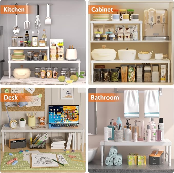 Expandable adjustable stackable kitchen organizer,Spice Racks,Counter Shelf for Cabinets,Small Cupboard Organizers,Heavy Duty Metal Pantry Storage Shelves Racks for kitchen, cabinet, study, bathroom