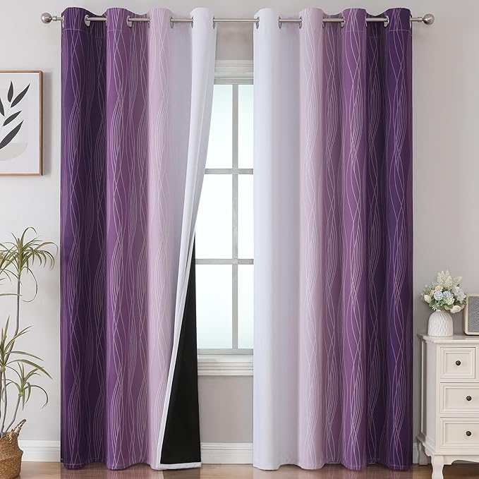 Estelar Textiler Purple and Greyish White Blackout Curtains 96 Inches Long, Full Room Darkening Grommet Curtains for Bedroom, Thermal Insulated Ombre Blackout Drapes for Living Room, 52Wx96L, 2 Panels