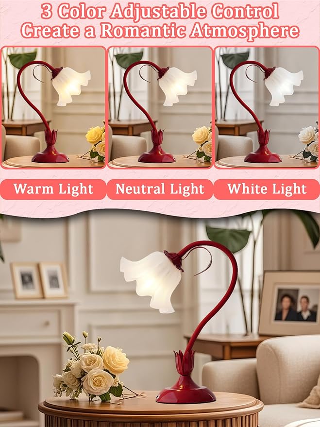 Flower Table Lamp,Bedside Table Lamp for Bedroom LED Reading Light 3 Color Modes,Vintage Flower Lamp Kawaii Table Lamps Desk Living Room Home Decor Mothers Day Birthday Gifts for Mom Women (Red lamp)