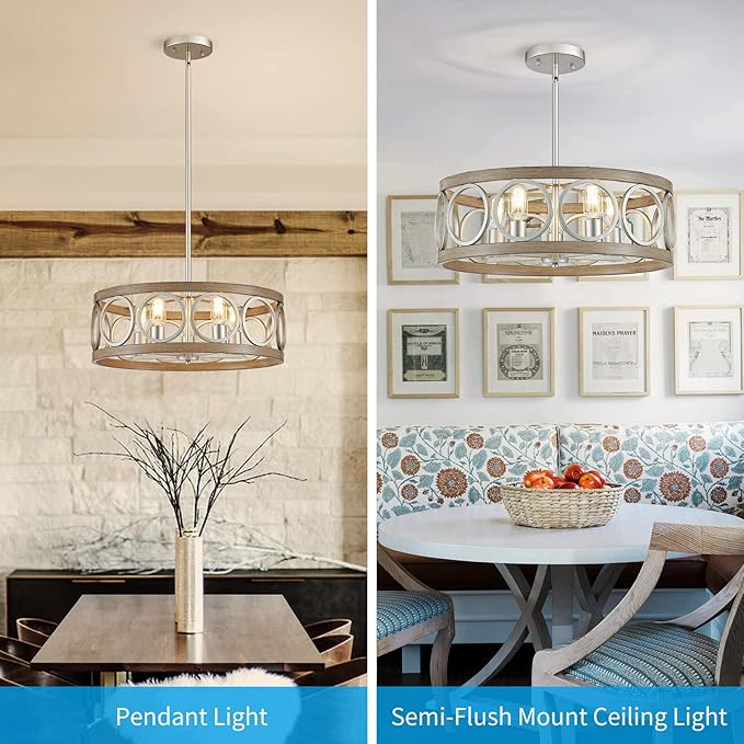 XINGQI 21.7'' Modern Farmhouse Chandelier Drum Pendant Lighting Fixture Hanging Ceiling Lamp for Living Dining Room Over Table, 5 Lights Antique Wood Grain Brushed Nickel with Round Metal