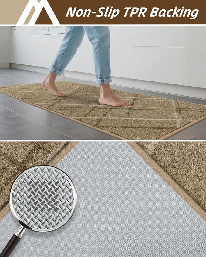 COSY HOMEER Kitchen Mats, 2 PCS Kitchen Rug Non Slip Washable, Absorbent Runner Rugs for Kitchen Floor, Polyester Kitchen Sink Rug 20"x32" + 20"x48"(Beige)