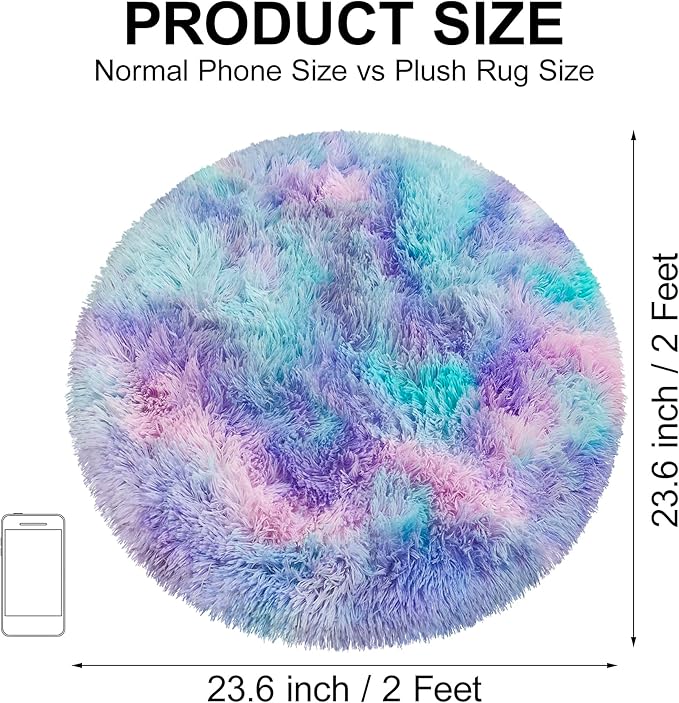 Tie Dye Rainbow Round Rugs Small 2x2 ft Fluffy Circle Rug Furry Carpet Shaggy Circular Fuzzy Plush Area Rug for Girls Bedroom Kids Room Nursery Cute Room Decor Chair Cushion Pet mat Doormat