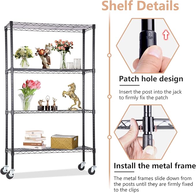 BestOffice | 4-Tier Wire Storage Shelves with Wheels | 36x14x62 | Black | Adjustable Racks | Heavy-Duty Metal Shelf, Holds Upto 500 lbs | No-Tool Assembly | Ideal for Home & Garage Shelving
