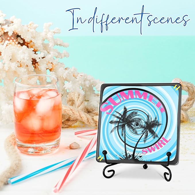 Summer Swirl Acrylic Sign With A Metal Support - 4x4" Seasonal Abstract Blue & Black Tabletop Acrylic Plaque - Home Desk Office Shelf Aesthetic Display Art Decoration & Favors For Women Men - A02